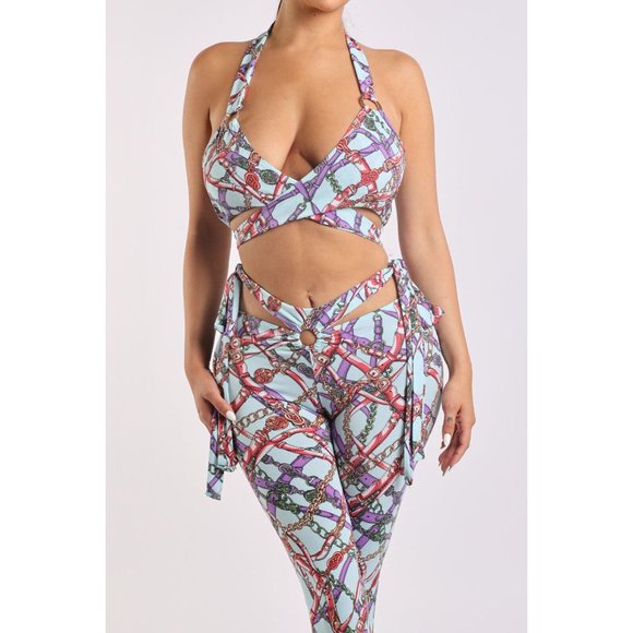 Printed Tie Detailed Halter Neck Front Ring Strap Cute Sexy Party Club Jumpsuit - Picture 2 of 6